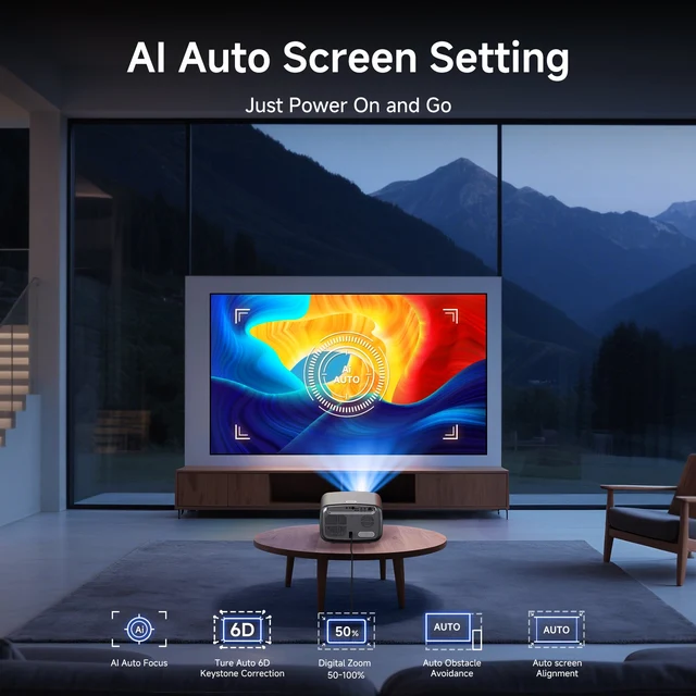 JY821 on a living-room table with an illustration of automatic image adjustment