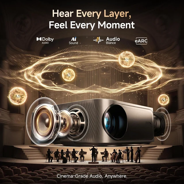 YG381 180-degree audio illustration showing Dolby Audio, Voice Boost, Smart EQ and eARC